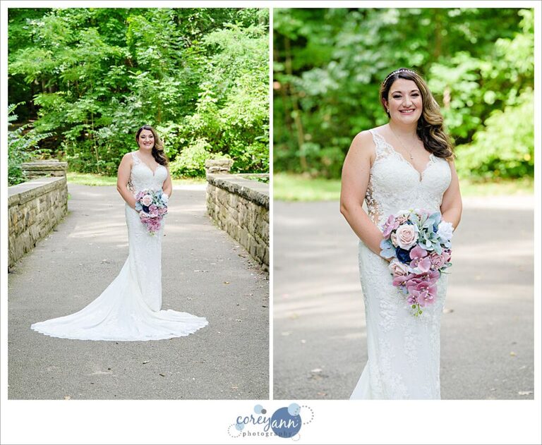 Wedding photos of a bride in a beaded lace gown at David Fortier River Park in Olmsted Falls in August 