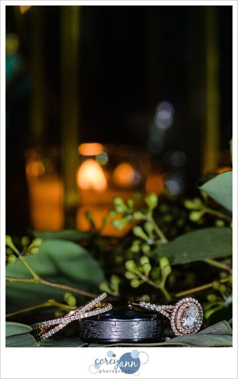 Wedding rings on greenery 