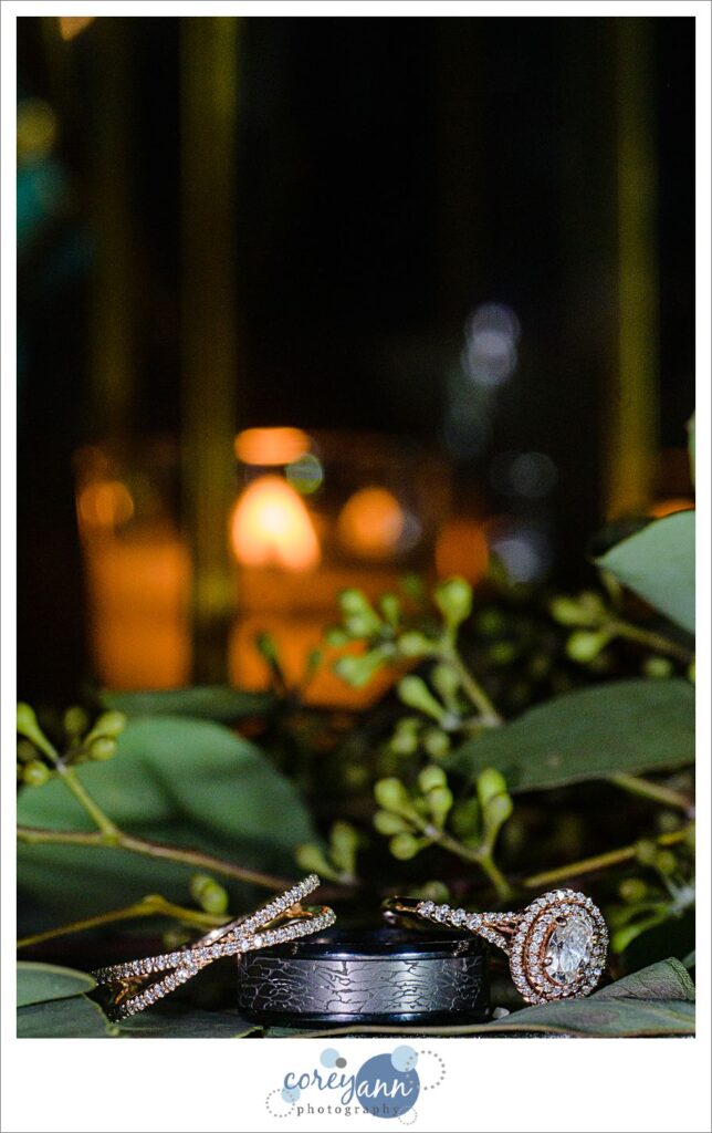 Wedding rings on greenery