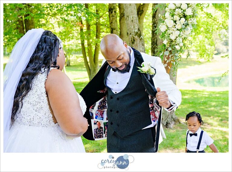 Groom showing off his Self Made Couture custom jacket