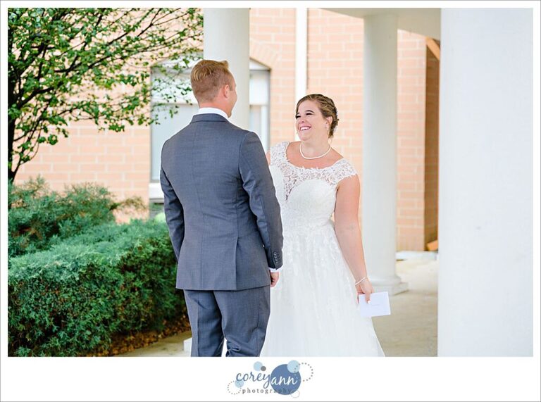 Bride and Groom first look at Holiday Inn Express in Akron Ohio