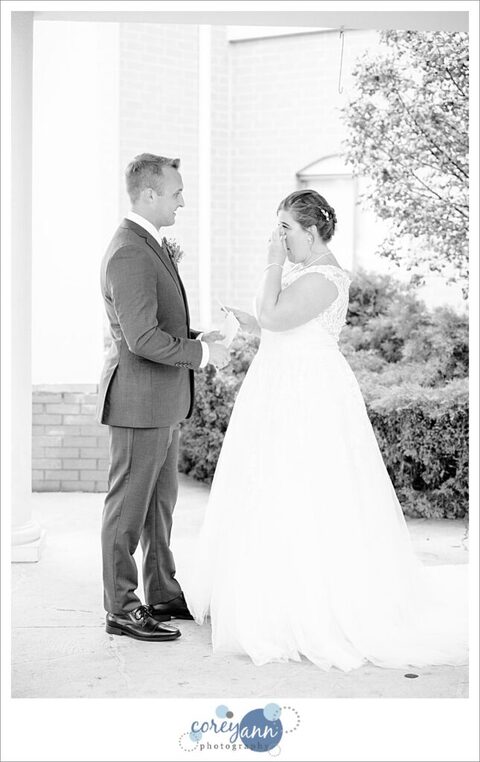 Bride and Groom first look at Holiday Inn Express in Akron Ohio