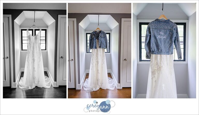 Bride's Mori Lee wedding dress with a jean jacket embroidered with the bride's married name