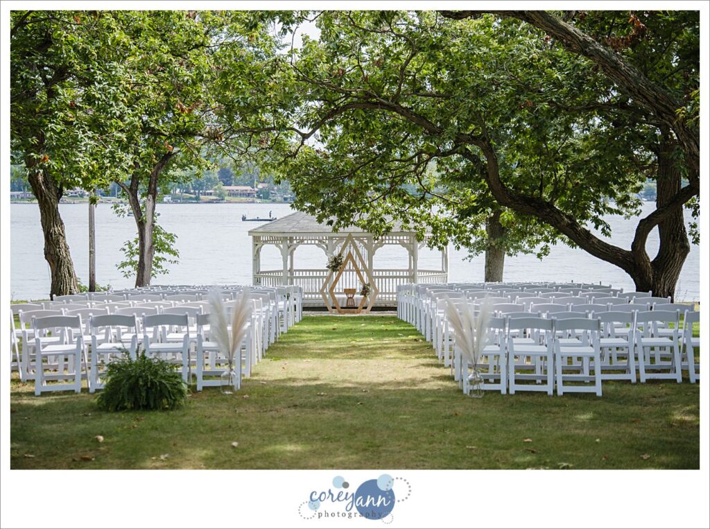 September outdoor wedding ceremony setup at Tudor House on Portage Lakes in Akron Ohio