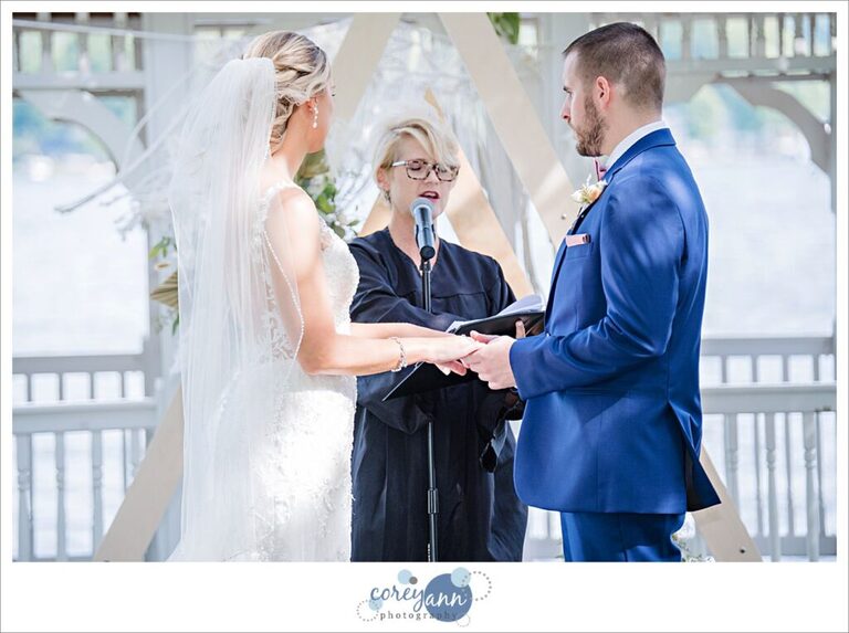 September outdoor wedding ceremony at Tudor House on Portage Lakes in Akron Ohio