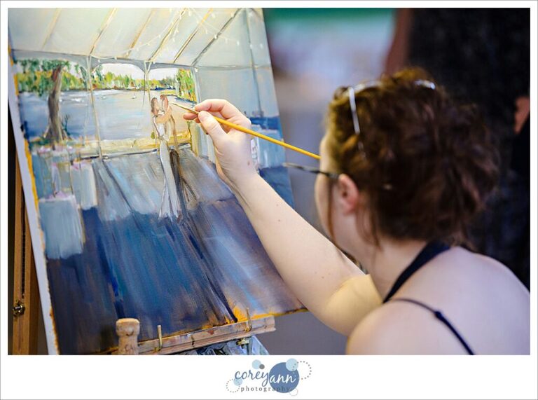 Grace Schlea Studios painting at a wedding reception at Tudor House on Portage Lakes in Akron Ohio