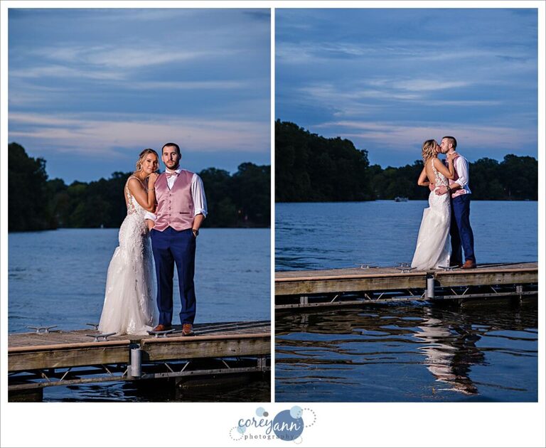 Bride and groom posing on Turkeyfoot Lake in Akron Ohio at sunset