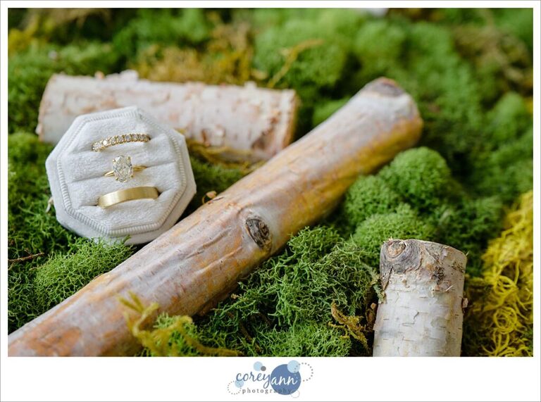 Gold wedding rings in a box nestled in a mossy scene 