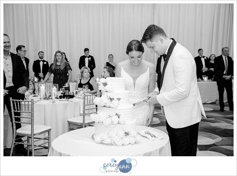 Bride and groom cutting their wedding cake during their wedding reception at Emerald Event Center in Avon Ohio