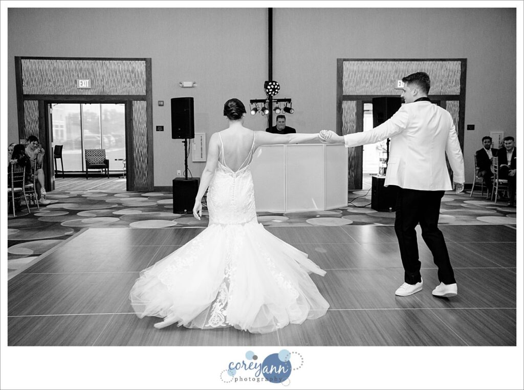 Bride and Groom's first dance as a couple during their wedding reception at Emerald Event Center in Avon Ohio