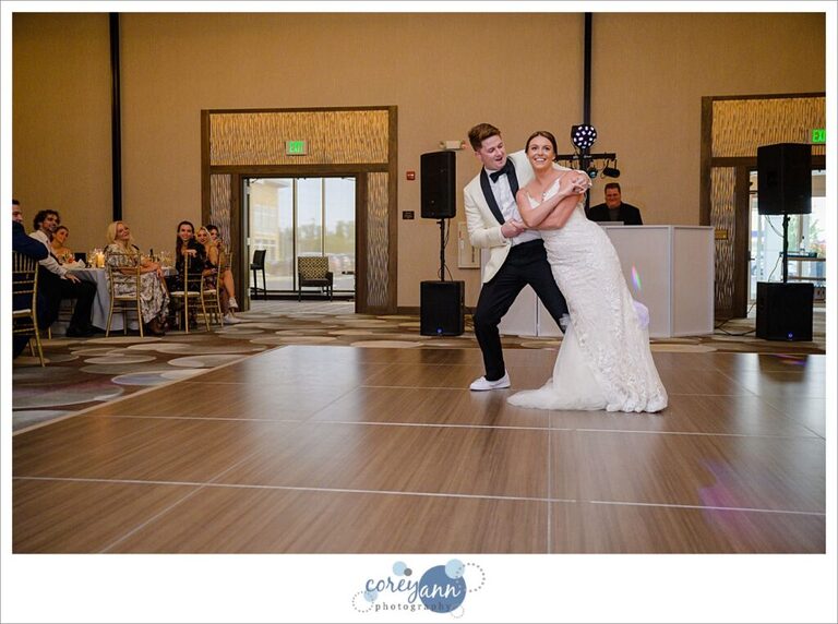 Bride and Groom's first dance as a couple during their wedding reception at Emerald Event Center in Avon Ohio