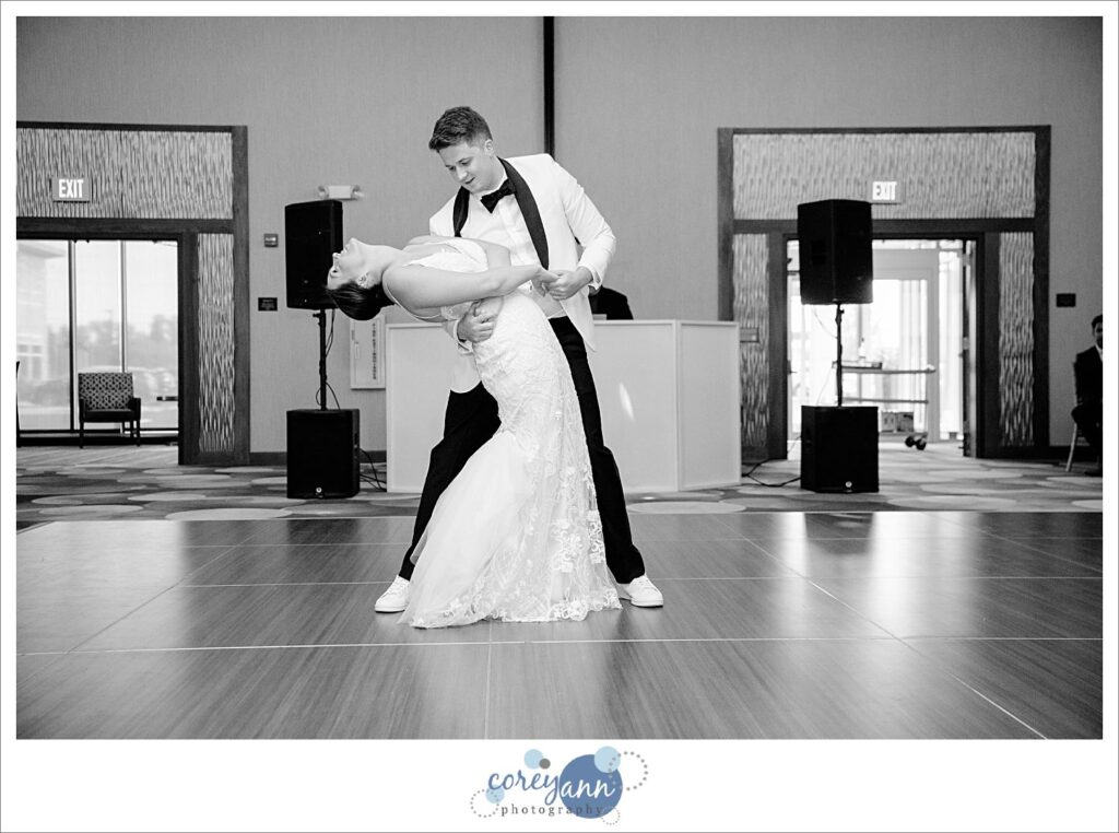 Bride and Groom's first dance as a couple during their wedding reception at Emerald Event Center in Avon Ohio