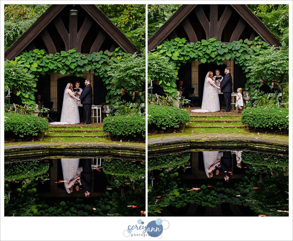 Two photos that are vertical showing a small wedding ceremony at Stan Hywet in Akron Ohio