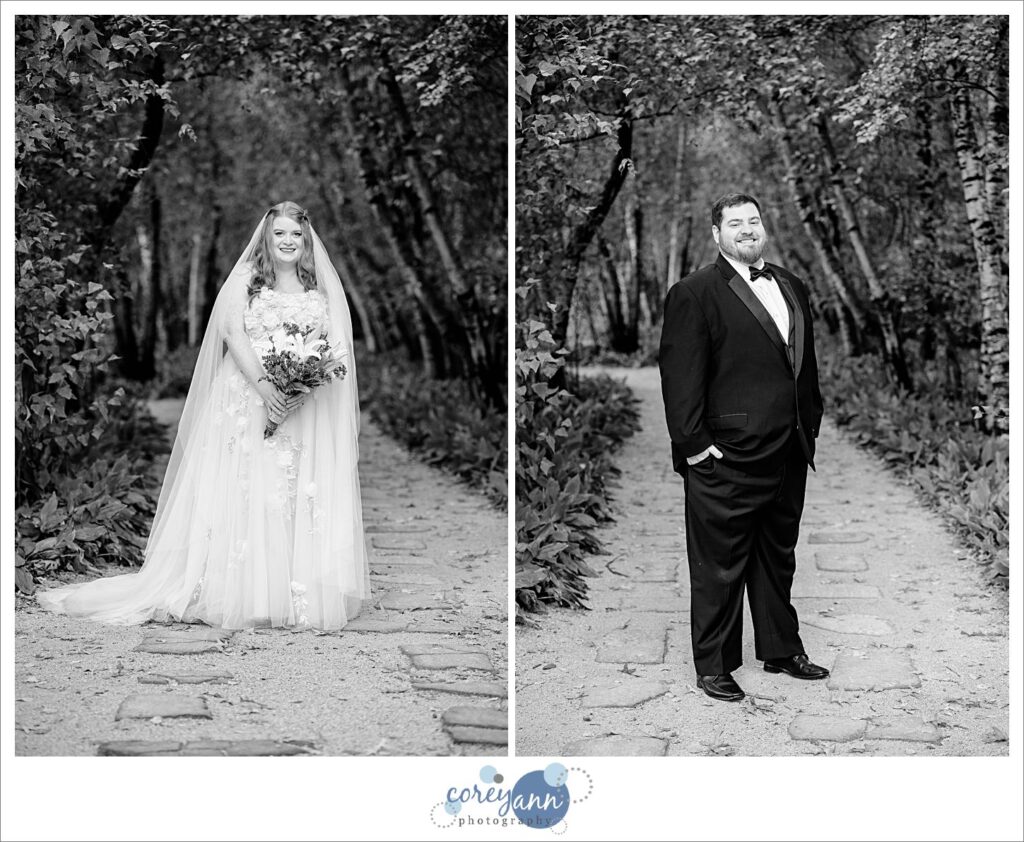 Side by side vertical black and white portraits of a bride and a groom wearing traditional wedding clothing at Stan Hywet