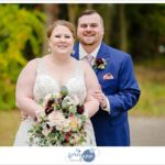 Bride and Groom wearing traditional wedding attire posing after fall wedding at Tudor House on Portage Lakes in Akron Ohio