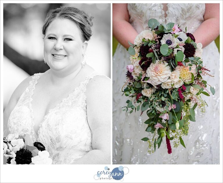 Bride holding her dark red, white and pink dramatic bridal bouquet of flowers
