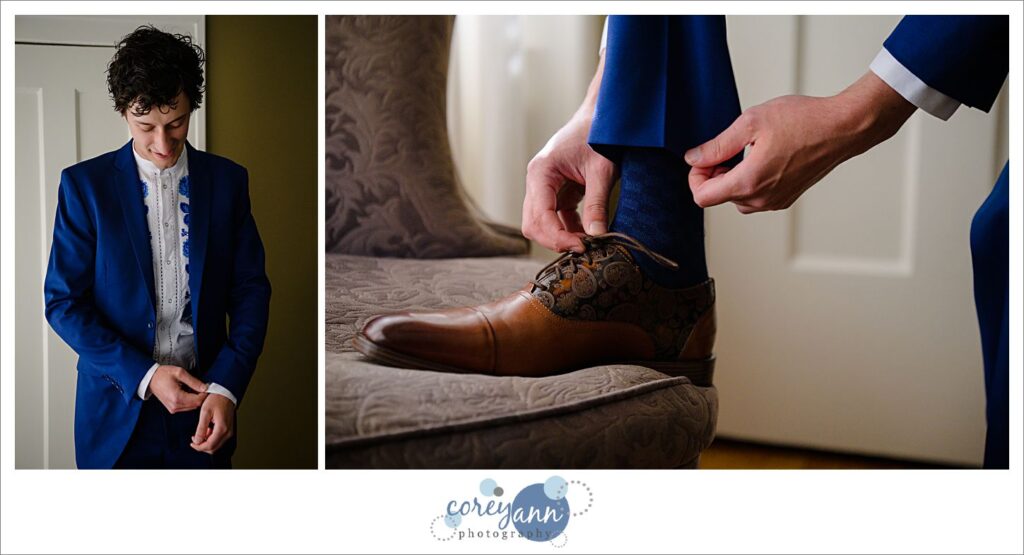 A man getting ready for his wedding in Cleveland Ohio in a series of two images showing him tying his shoes and fixing his jacket