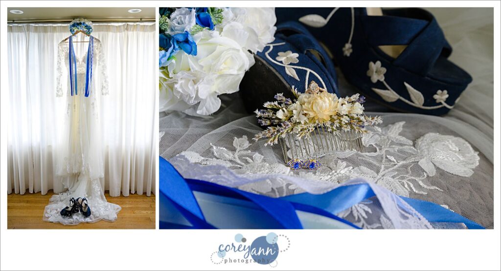 Two images showing the bride's dress and details from the wedding including a dried floral comb and shoes
