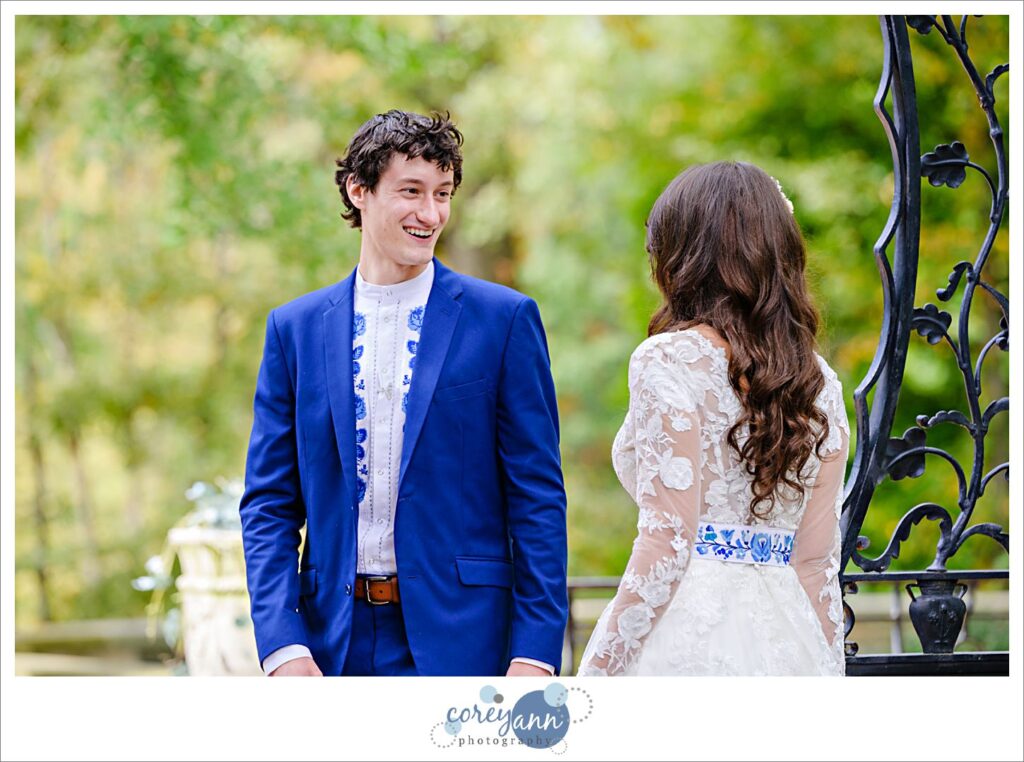 Groom seeing Bride for the first time in the Cleveland Cultural Gardens in Ohio