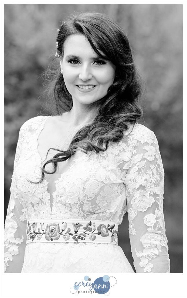 Black and white close up of a bride on her wedding day in Cleveland Ohio