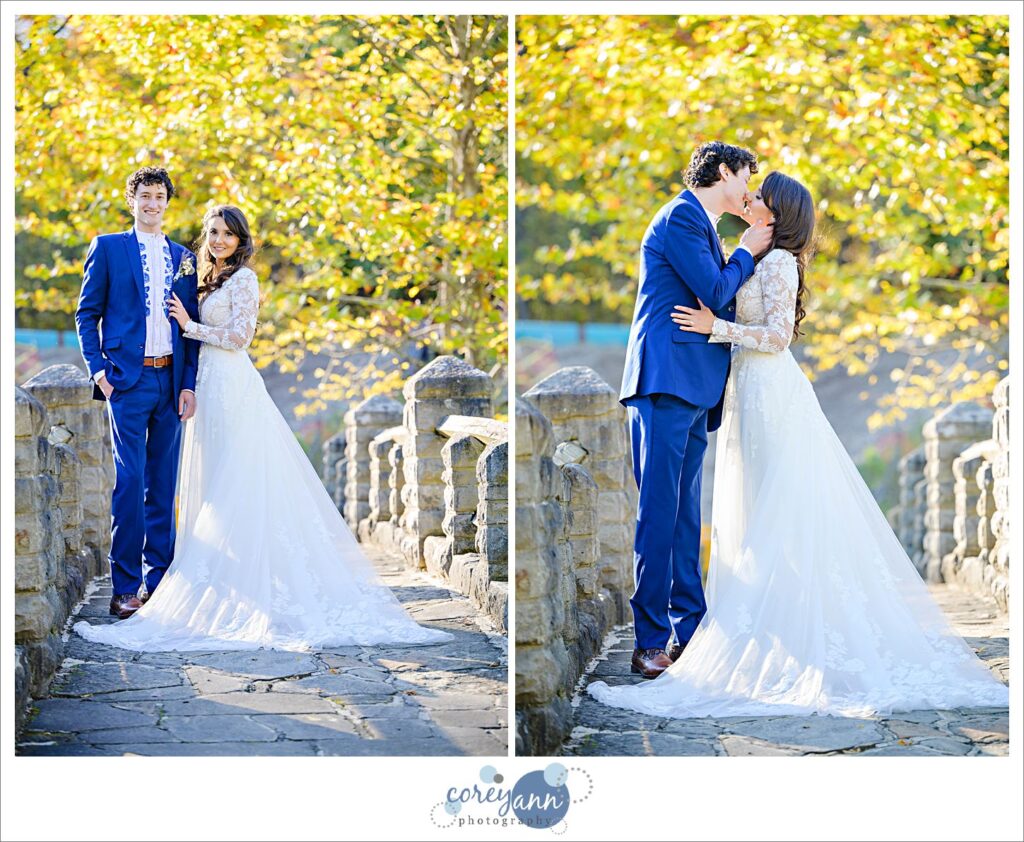 Golden hour wedding portraits on the bridge at Garfield Park Reservation in Cleveland Ohio
