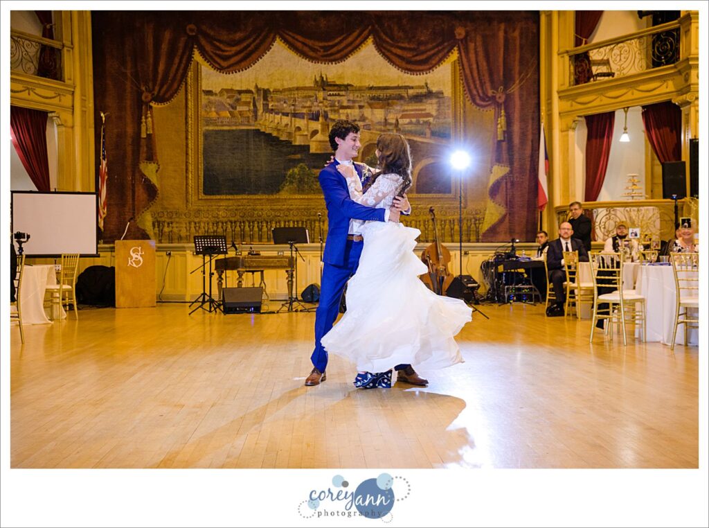 Bride and groom first dance during their wedding reception at Bohemian National Hall in Cleveland Ohio