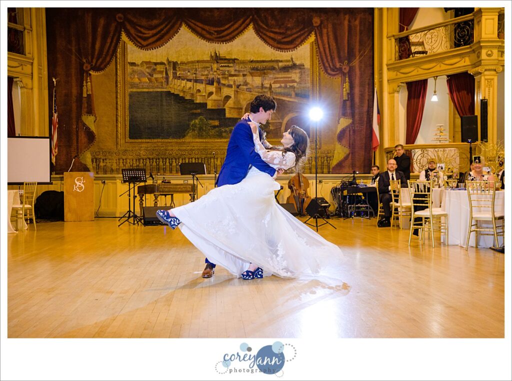 Bride and groom first dance during their wedding reception at Bohemian National Hall in Cleveland Ohio