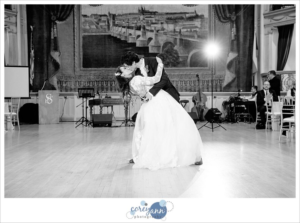Bride and groom first dance during their wedding reception at Bohemian National Hall in Cleveland Ohio