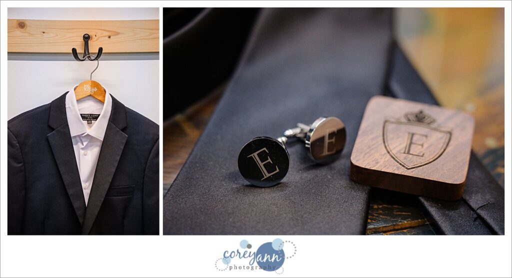 Groom's suit coat and cufflinks before wedding in Canal Fulton in Ohio