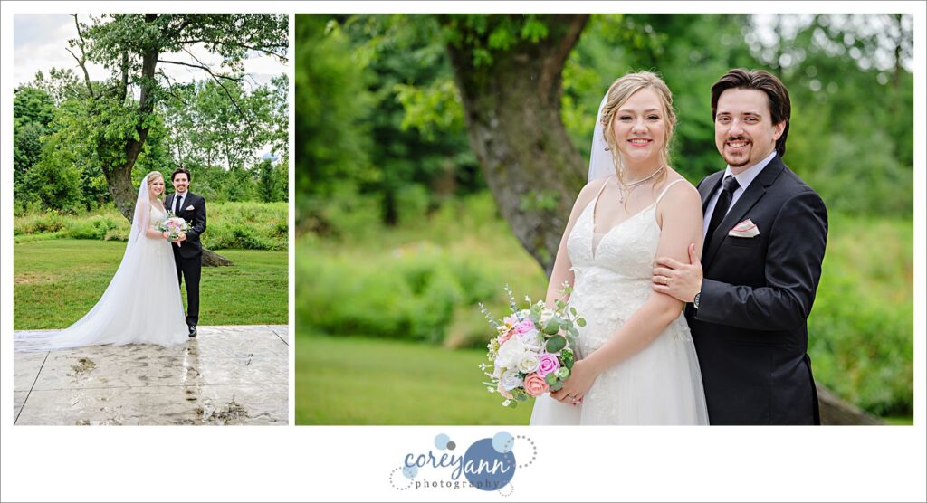 Outdoor photos of bride and groom in the rain at The Barn of Canal Fulton in Ohio
