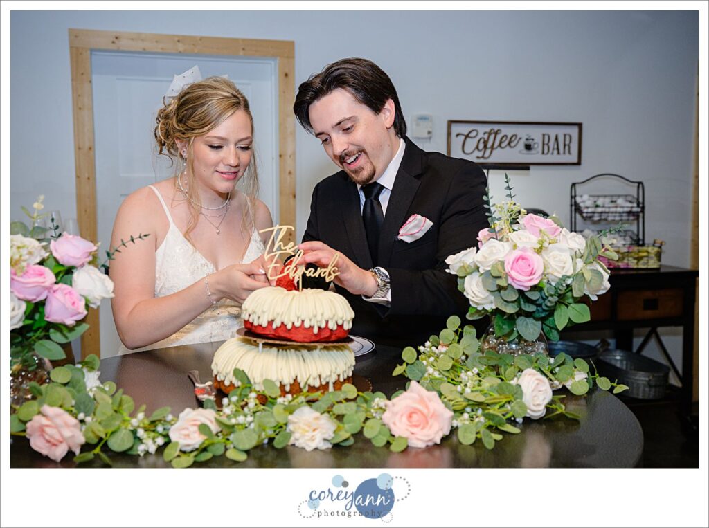 Bride and Groom cutting Nothing Bundt Cake wedding cake 