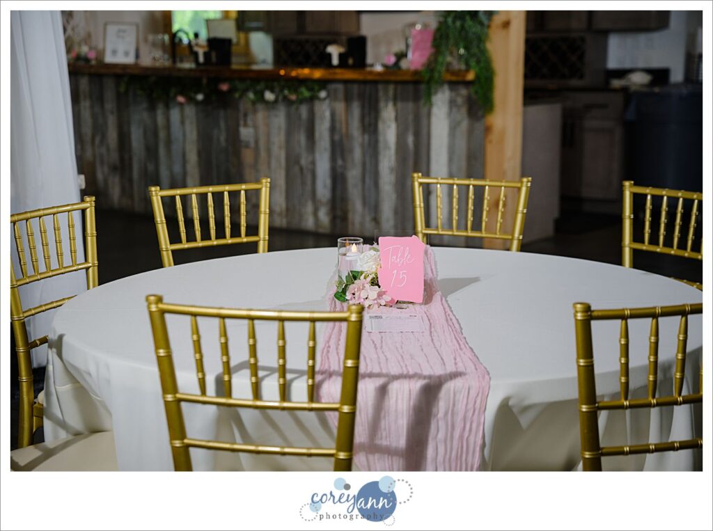 Pink and gold decor at The Barn of Canal Fulton wedding