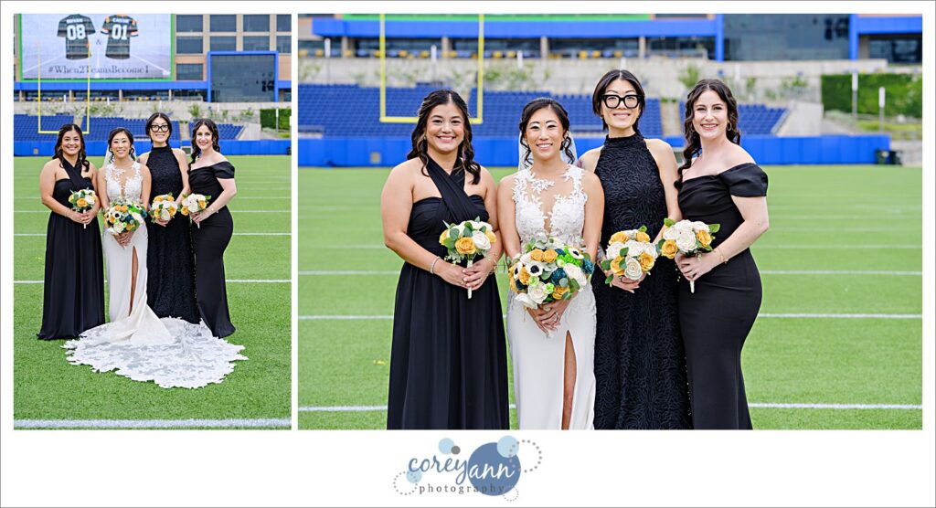 bridesmaids posing after wedding on football field at tom benson hall of fame stadium in canton ohio