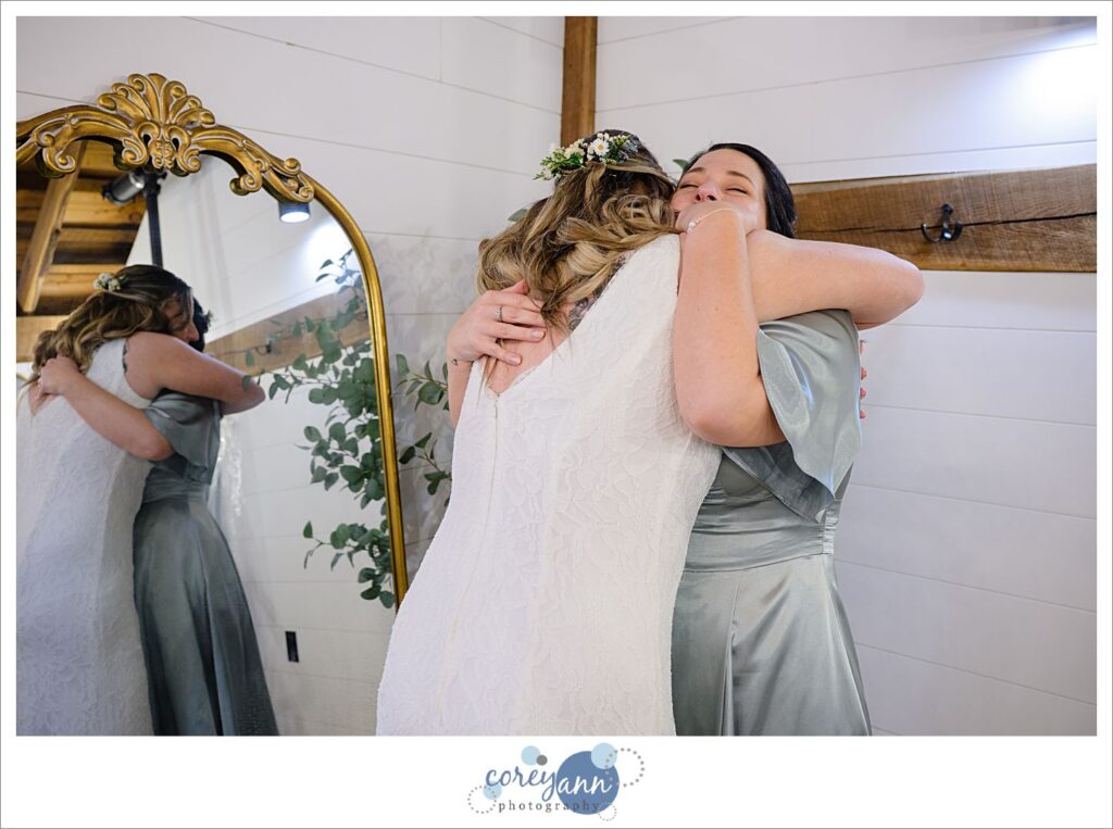 Bride getting ready for wedding at Haymaker's Mill 1875 in North Canton Ohio
