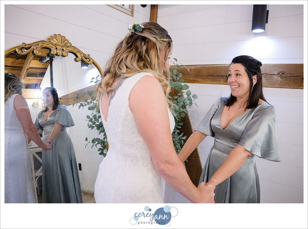 Bride getting ready for wedding at Haymaker's Mill 1875 in North Canton Ohio