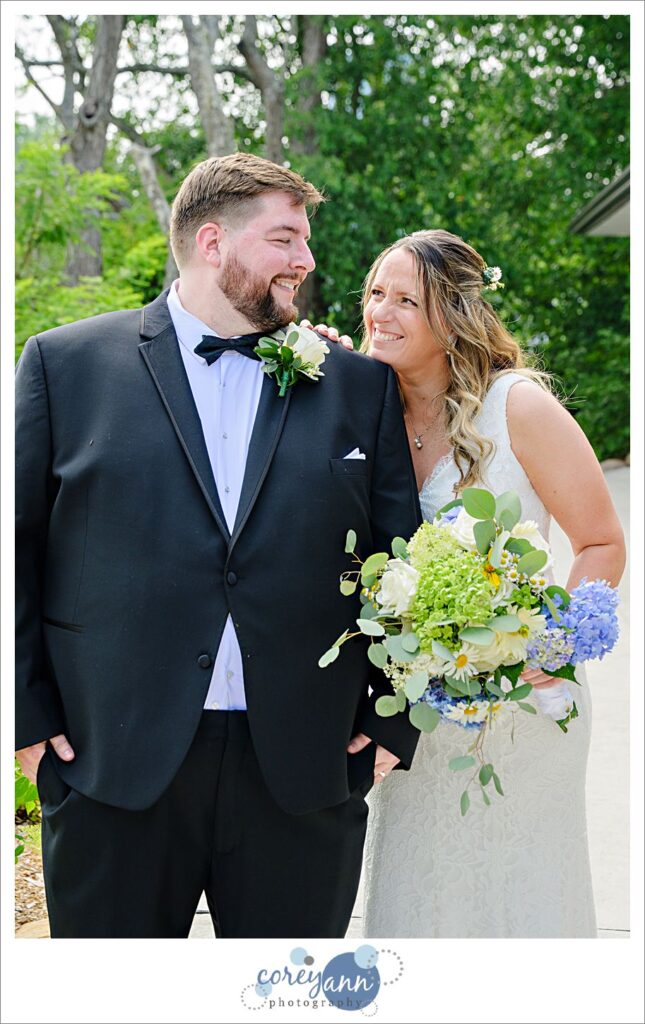 Bride and groom wedding portrait at Haymaker's Mill 1875 in North Canton Ohio